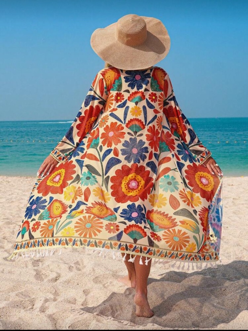 Colorful floral kimono swim cover up duster cardigan beach tassels boho gypsy - Picture 2 of 4